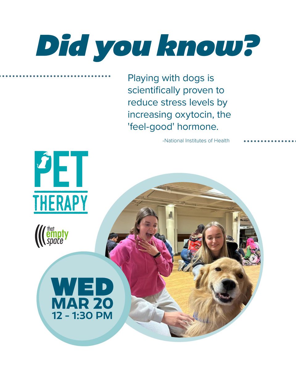 Let's paws for a moment of relaxation and have some furry fun together! 🐶

March 20, 12-1:30 pm, at That Empty Space. 

#suuofc #ucalgary #puppy #dog