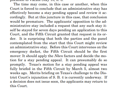 So Barrett and Kavanaugh basically say the 5th Circuit's gamesmanship around issuing an 'administrative stay' is unusual but doesn't rise to the point where she thinks they should intervene yet, but she says if the 5th Circuit doesn't rule soon, DOJ should come back to SCOTUS.