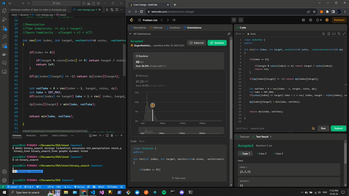 _arya2004's tweet photo. ๐ Day 34 of #100DaysOfCode: Solved medium-level LeetCode problem #322 - Coin Change! ๐ฐ๐ข
- Recursion: TC: o(2^n), SC: o(target)
- Memoization: TC: o(n * target), SC: o(target * n) + o(T)
๐ช๐ #LeetCode #CoinChange #DynamicProgramming #CodingJourney ๐๐ผ https://t.co/KuBWOPgTLx