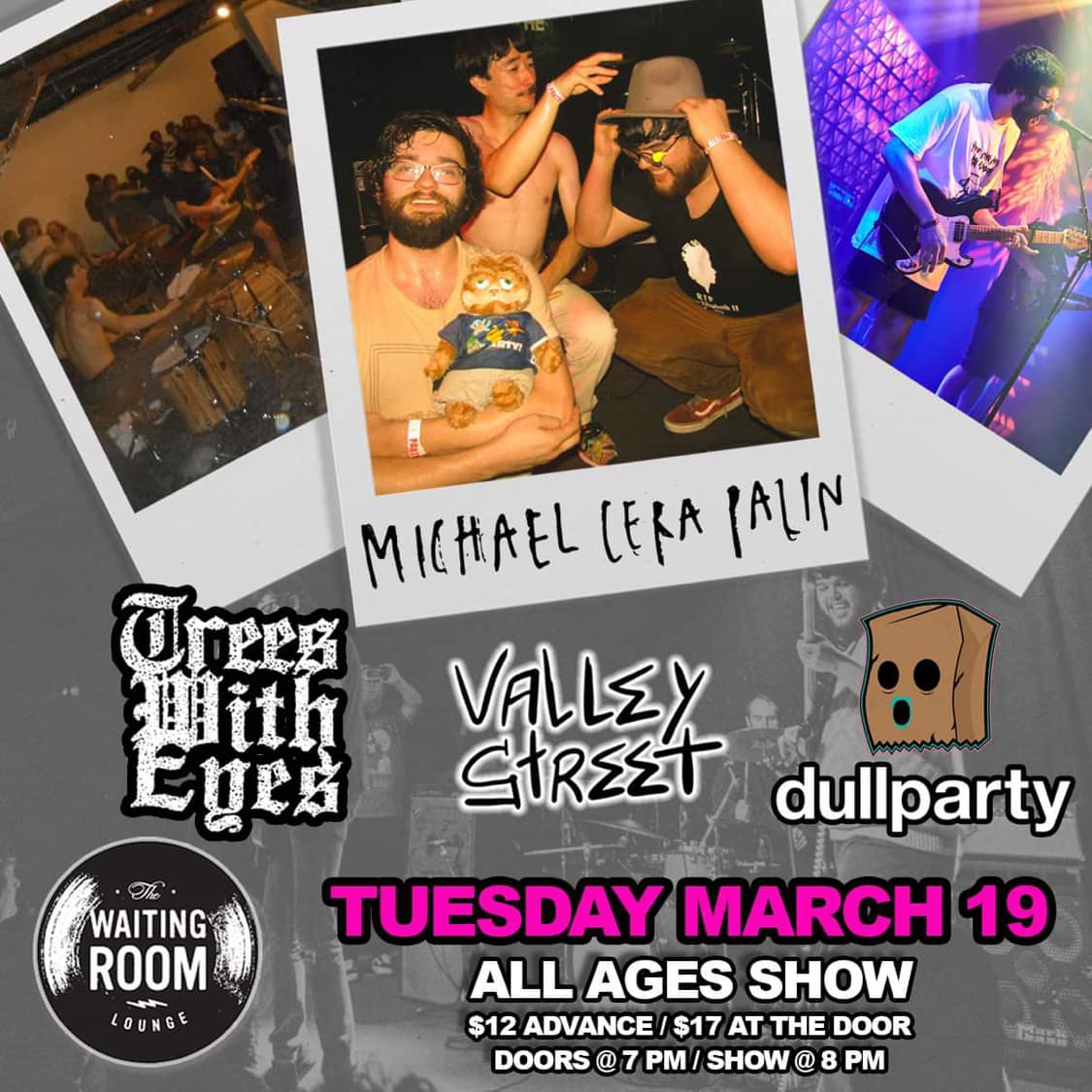 TONIGHT! Michael Cera Palin, Trees With Eyes, Valley Street and Dull Party all at The Waiting Room! 🎫 etix.com/ticket/p/43917…