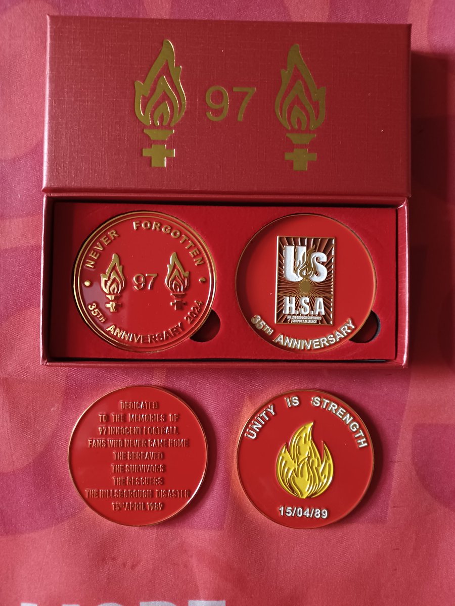 I've finally replied to all who ordered one. I have a very limited amount left. Double sided coins to commemorate the 35th Anniversary next month. Design assisted by Peter @HillsboroughSu1 Sold at cost to all. DM if interested.
