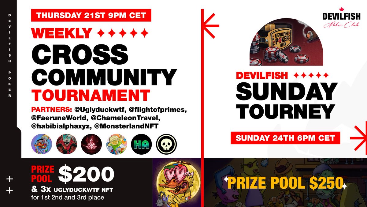 We are thrilled to announce that this week we'll be joined by @Uglyduckwtf @flightofprimes @FaeruneWorld @ChameleonTravel @habibialphaxyz @MonsterlandNFT 💥 📅 | MARCH 21ST & MARCH 24th ⏰ | 9pm CET & 6pm CET PRIZES 🥇 $100 1X Uglyduckwtf NFT 🥈 $75 1X Uglyduckwtf NFT 🥉 $25…