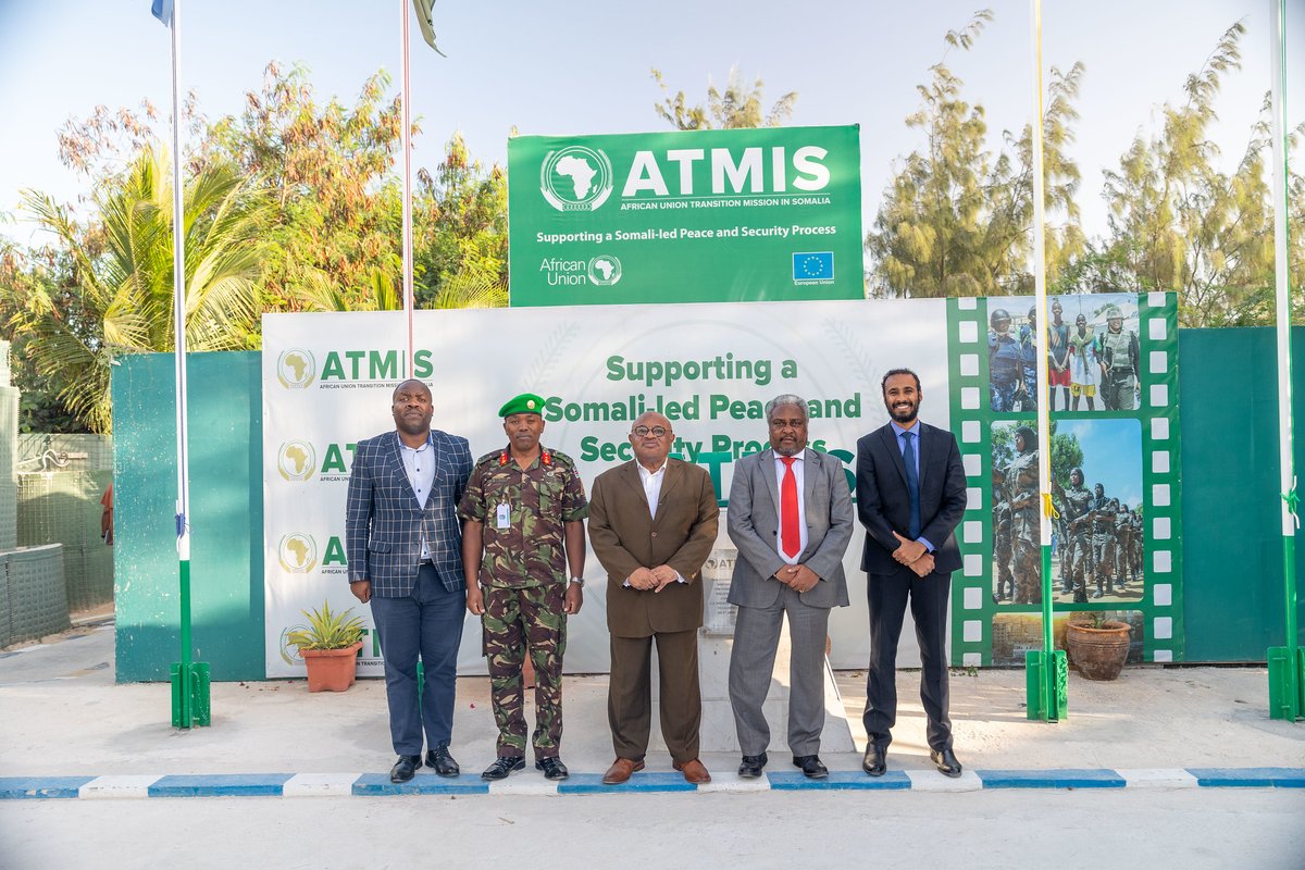 ATMIS_Somalia's tweet photo. The #SRCC & Head of ATMIS, Amb. @souefmo_elamine today met #Kenya's new Ambassador to #Somalia, H.E Cyprian Kubai Iringo at Mission HQ. They discussed security situation, #ATMISDrawdown & the Govt of Kenya’s support to peace & stability efforts in #Somalia. https://t.co/WTQf77Mxx2