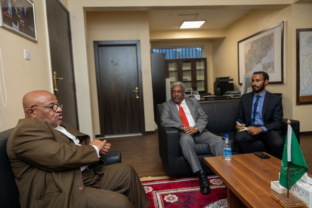 ATMIS_Somalia's tweet photo. The #SRCC & Head of ATMIS, Amb. @souefmo_elamine today met #Kenya's new Ambassador to #Somalia, H.E Cyprian Kubai Iringo at Mission HQ. They discussed security situation, #ATMISDrawdown & the Govt of Kenya’s support to peace & stability efforts in #Somalia. https://t.co/WTQf77Mxx2