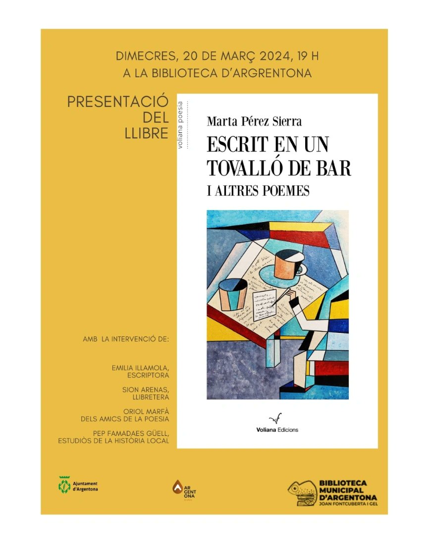biblioArgentona's tweet photo. 📌 Dimecres 20 de març, 19,00
Escrit en un tovalló de bar i altres poemes és un llibre de la poeta Marta Pérez Sierra amb tres reculls ben diferents units pel fet de beure
#quèfemalesbiblios #llegim #llibres #fomentlector #presentacionsdellibres #diamundialdelapoesia https://t.co/VS4OVmzjQx