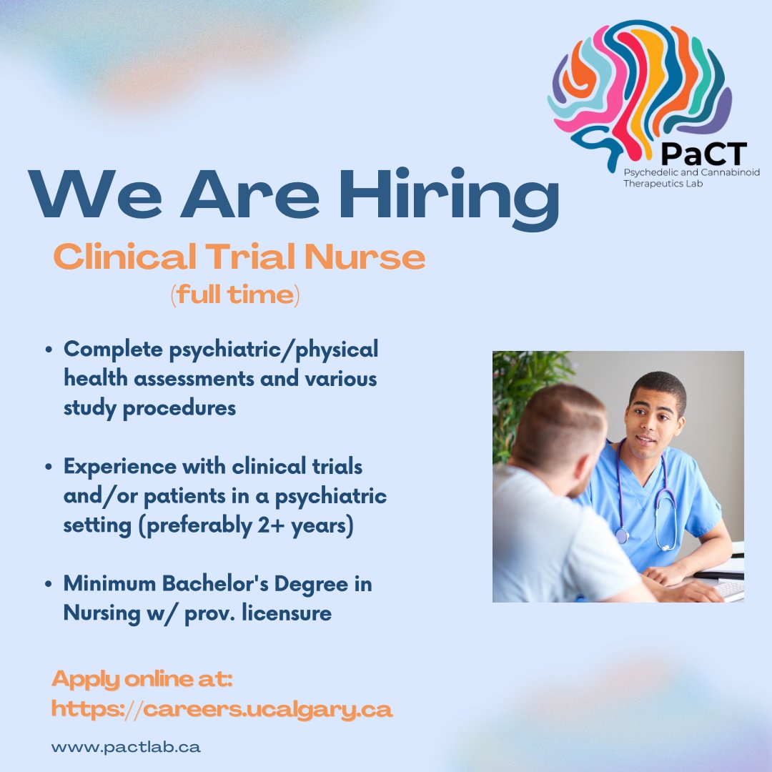 Leah Mayo (@mayoonthebrain) on Twitter photo Another opportunity to join the <a href="/pact_lab/">Psychedelic & Cannabinoid Therapeutics (PaCT) Lab</a> team and support our ongoing/upcoming psychedelic-assisted psychotherapy trials 🍄💊
Apply here: internal.careers.ucalgary.ca/jobs/14130442-… Another opportunity to join the <a href="/pact_lab/">Psychedelic & Cannabinoid Therapeutics (PaCT) Lab</a> team and support our ongoing/upcoming psychedelic-assisted psychotherapy trials 🍄💊
Apply here: internal.careers.ucalgary.ca/jobs/14130442-…