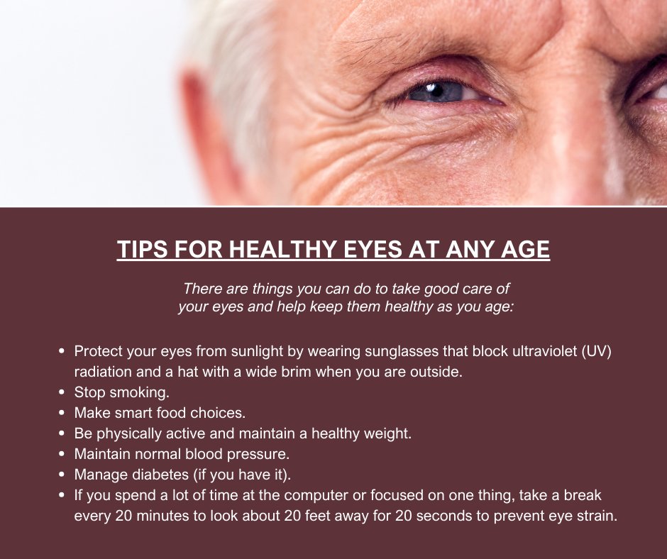 Your risk for some eye diseases and conditions increases as you grow older, and some eye changes are more serious.

Here are what experts recommend for keeping your eyes healthy at any age: #HealthyAging #VisionCare #EyeHealth