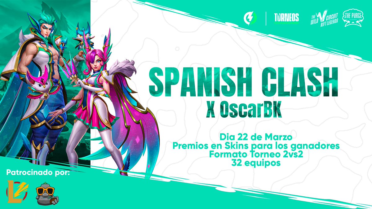 SPANISH CLASH X OSCARBK 🔥

Os dije que para 2024 iban a haber sorpresas en <a href="/wildriftES/">League of Legends: Wild Rift</a>, avisa a tu dúo porque este 22 de Marzo tenéis cita en la grieta salvaje 

32 parejas, 2 ganadores del primer #SpanishClash

¡Inscríbete en discord.com/invite/lolwild…!(Más información en el hilo)