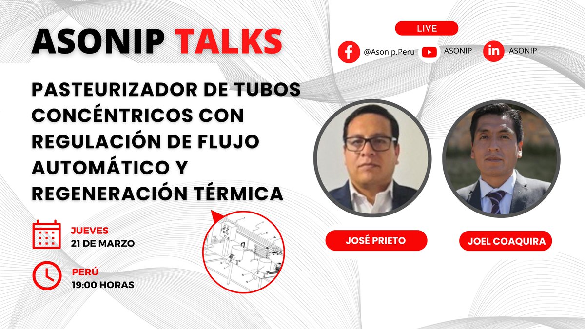 #AsonipTalk: PASTEURIZADOR DE TUBOS CONCÉNTRICOS CON REGULACIÓN DE FLUJO AUTOMÁTICO Y REGENERACIÓN TÉRMICA #emprendedores #inventores 
🗓 Jueves 21 de marzo de 2024 
🕕 7:00 p.m. (Perú) 
🔴 Facebook Live, Youtube y Linkedin Live
Youtube: youtube.com/watch?v=xeDUTl…