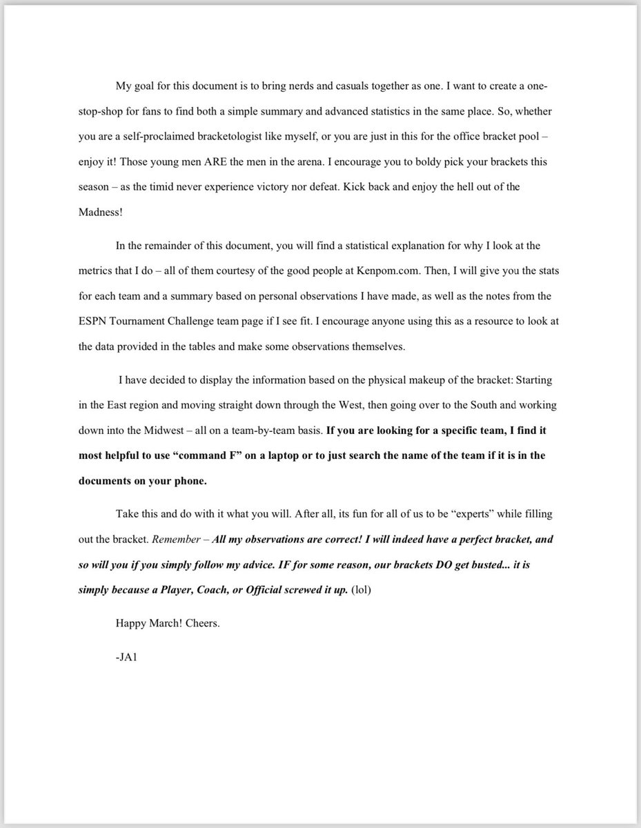 the__JA1's tweet photo. My 5th Annual March Madness Write-Up!

In 15,000 words you’ll find:

- A short foreward and statistical explanation.

 -A page for each team; includes a chart of my favorite Kenpom metrics, and short summary of players/storylines.

Free for all. Enjoy! Link is in thread below⬇️ https://t.co/VaP2rmylU4