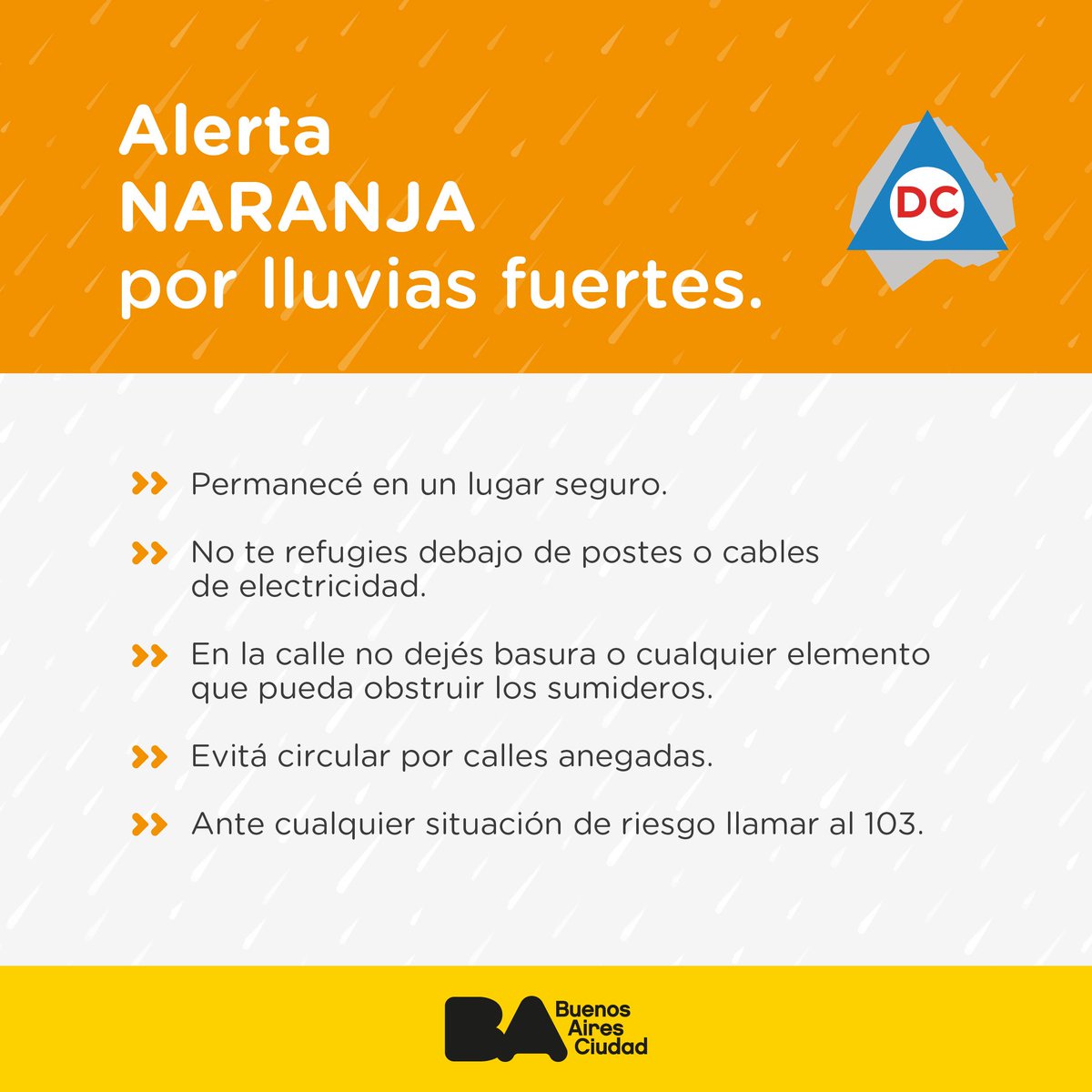 El <a href="/SMN_Argentina/">SMN Argentina</a> elevó a naranja el alerta por tormentas para CABA. Extremá las medidas de precaución y ante cualquier situación de riesgo, llamá al 103.