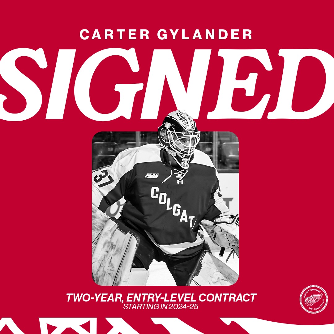 DetroitRedWings's tweet image. UPDATE: The #RedWings today signed goaltender Carter Gylander to a two-year, entry-level contract beginning with the 2024-25 season. 

Gylander will report to the AHL’s Grand Rapids Griffins on an amateur tryout for the remainder of the 2023-24 season.