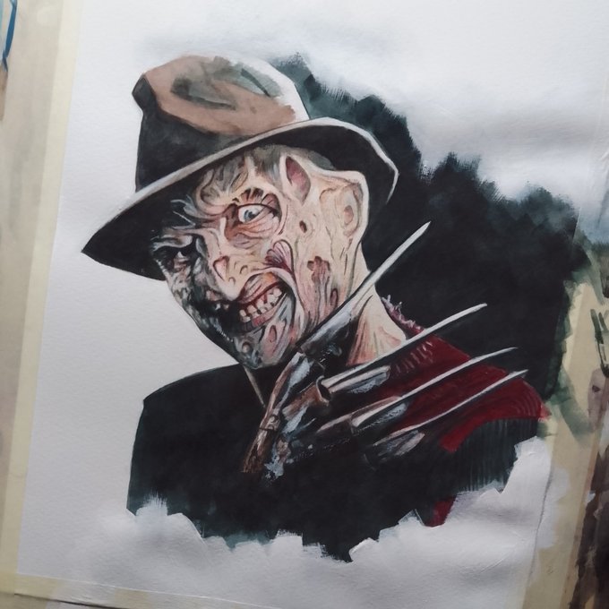 ok buy either of the og paintings for £110 plus shipping and get the Freddy painting for free! Dms are open reposts appreciated #paintings #paintingsforsale #horrorart #portraits #horrormovies #culttv #sellingart #artcollectors #commissionsopen