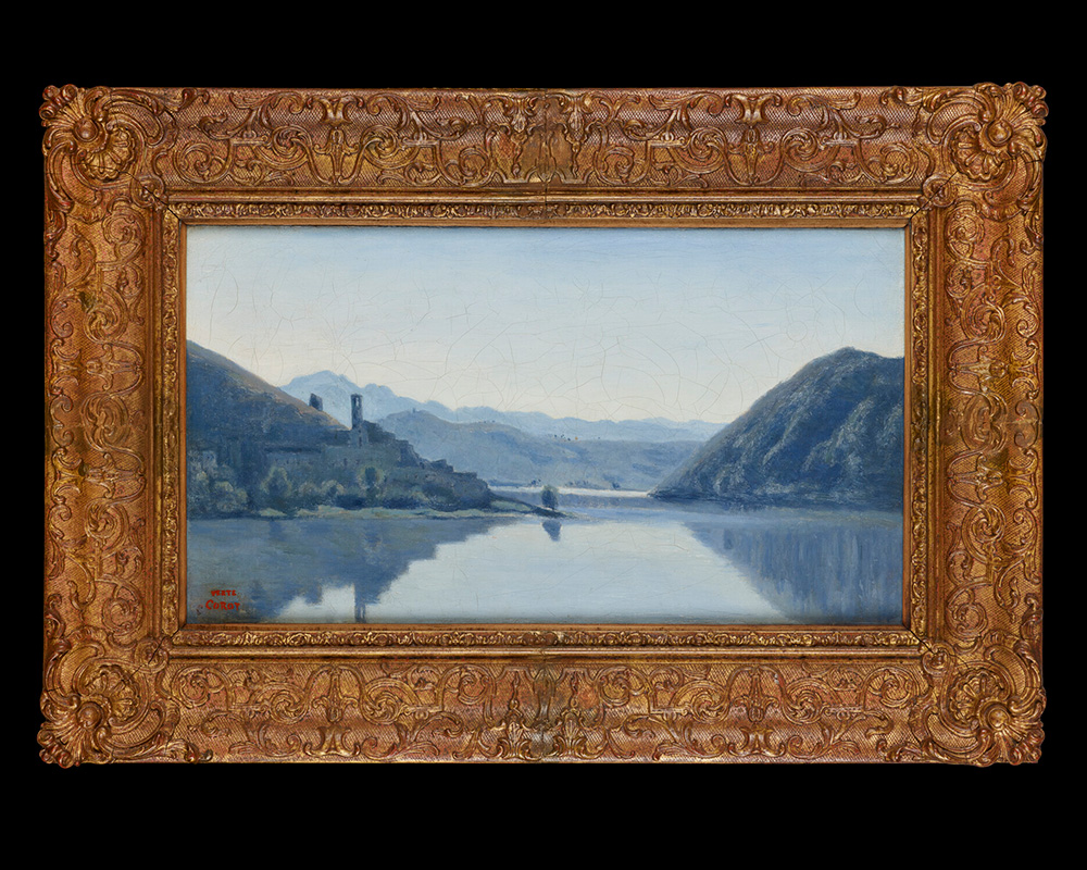 Dive into this serene scene... 

This is 'Lago di Piediluco', a painting by French artist Jean-Baptiste-Camille Corot. It was captured on a warm summer day in 1826.⁠