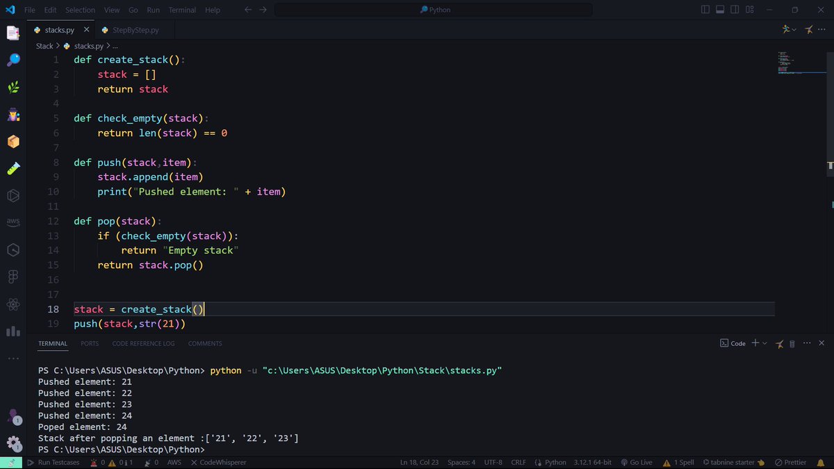 _Siddhant_7_'s tweet photo. #100DaysOfCode 
#Day32

DSA 

1. Basics of Stacks
2. Step by step implementation of stacks 

#100daysofcodechallenge #Python #pythonprogramming #CONNECT https://t.co/lc9iay28PT