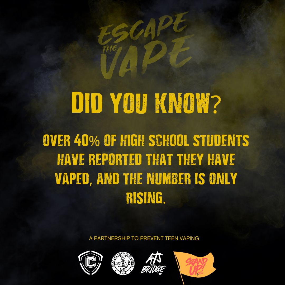 Over 40% of high school students have reported that they have vaped, and the number is only rising. This concerning trend needs our immediate attention! Let's work together to educate, support, and protect our youth from the dangers of vaping. Together, we can make a difference!