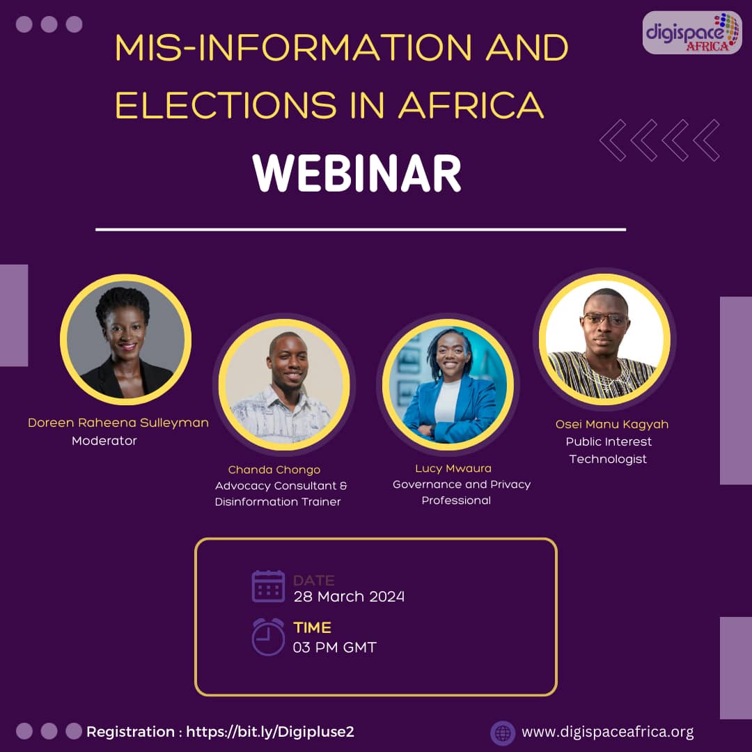 DigispaceAfrica's tweet image. Our speakers are ready to share insights on the topic "Misinformation and Elections in Africa", don't miss out on the 2nd edition of #Digipluse.

Date: 28th March, 2024
Time: 3pm
Register here: bit.ly/Digipluse2

#webinar
#digipulse
#africa