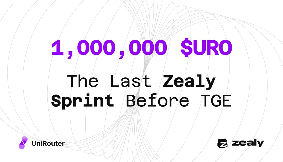 New airdrop: UniRouter (URO)
Total Reward: 1,000,000 URO & 800 USDT
Rate: ⭐️⭐️⭐️⭐️
Winners: 150 Random & Top 150
Distribution: after TGE

Airdrop Link: zealy.io/cw/unirouter/q…

#Airdrop #Airdrops #Airdropinspector #BTC #BRC20 #UniRouter #URO #USDT #ZealyAirdrop #ZealyGiveaway