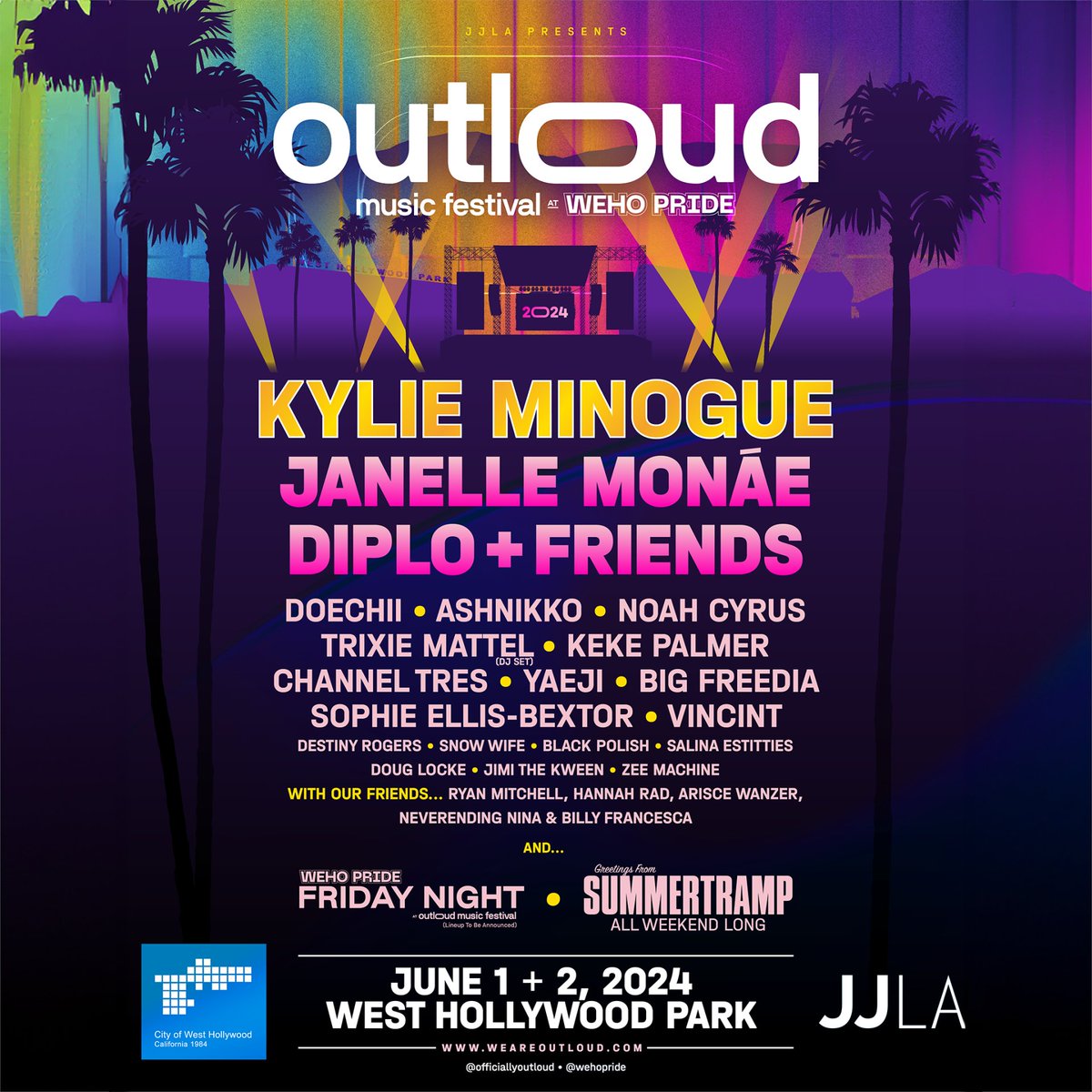 The lineup for OUTLOUD Music Festival @ WeHo Pride 2024 is here, and it's QUEERER than ever! ✨ Deets at wehopride.com 👀