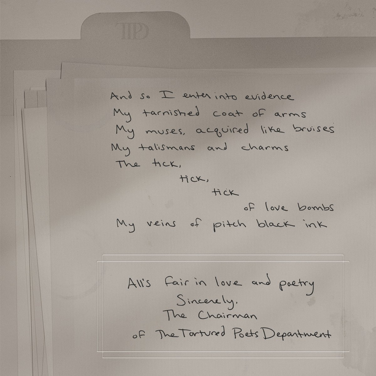 The tick, 
                tick
                      tick
                                of our countdown to #TSTTPD has brought us just 1 month until release. Which song are you most looking forward to hearing from our Chairman on April 19? 📝🤍taylor.lnk.to/thetorturedpoe…
