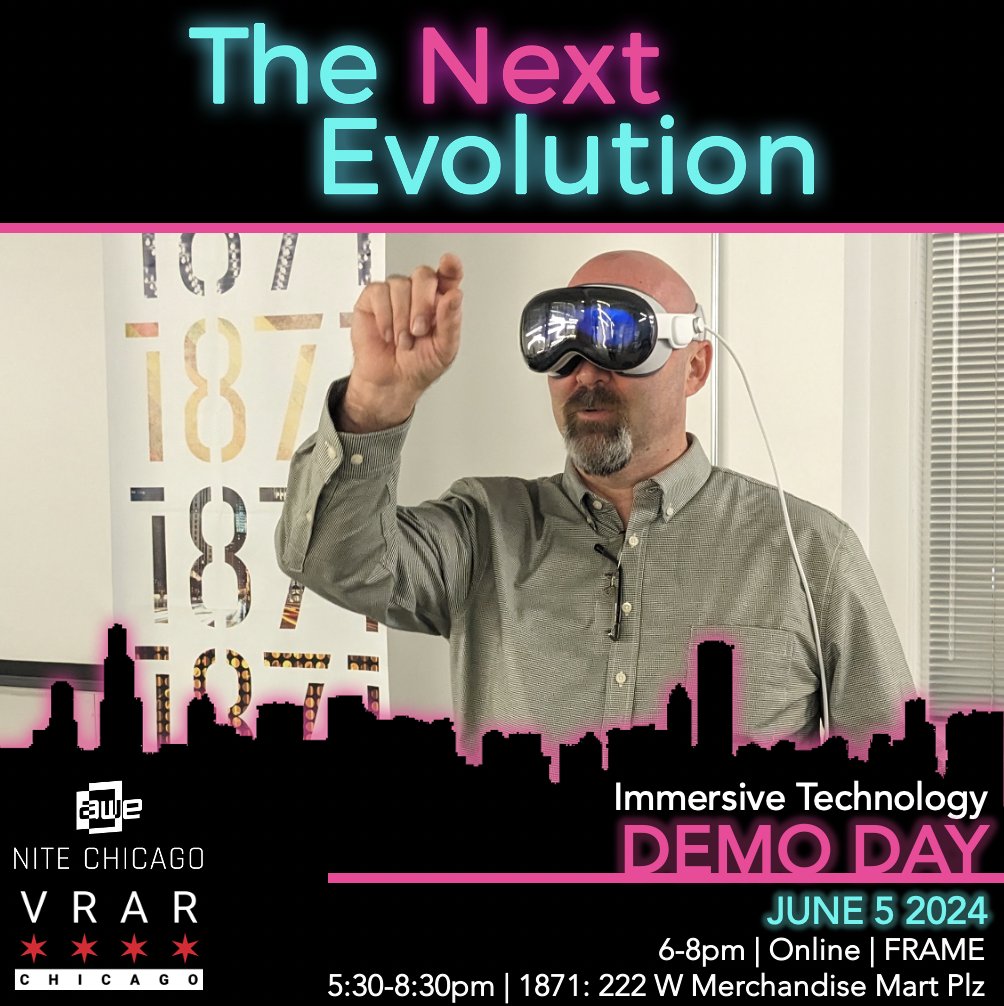 vrarchicago's tweet photo. The Next Evolution is hosting a DemoDay on June 5th at 1871 as a local preview to Augmented World Expo taking place June 18-20.
#TheNextEvolution #AR #VR #SpatialComputing #Chicago #applevisionpro #Meta #Google #Pico #HTC #Xreal #Varjo #Lenovo #MagicLeap #Tilt5 #Haptx #Hololens https://t.co/gtvmXQjjer