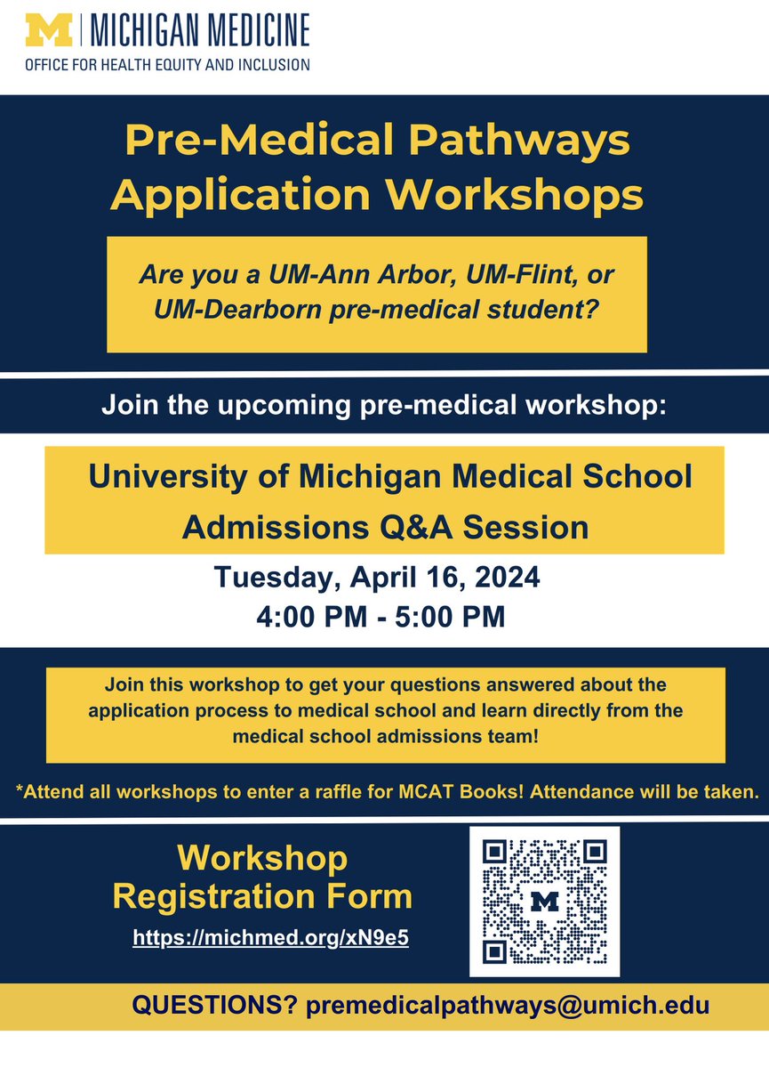 📣 Are you a premedical student at UM-Ann Arbor, UM-Dearborn, or UM-Flint? Join this upcoming workshop to learn directly from the @UMichMedSchool admissions team!
