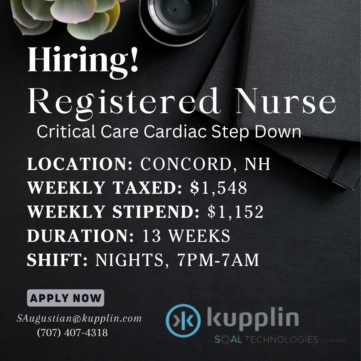 Attention Registered Nurses! An exciting opportunity for night shift positions in a Critical Care Cardiac Step Down Unit is available.  Apply now and take the next step in your nursing career!
SAugustian@kupplin.com
(707) 407-4318
#RNJobs #CriticalCare #CardiacCare #NightShift