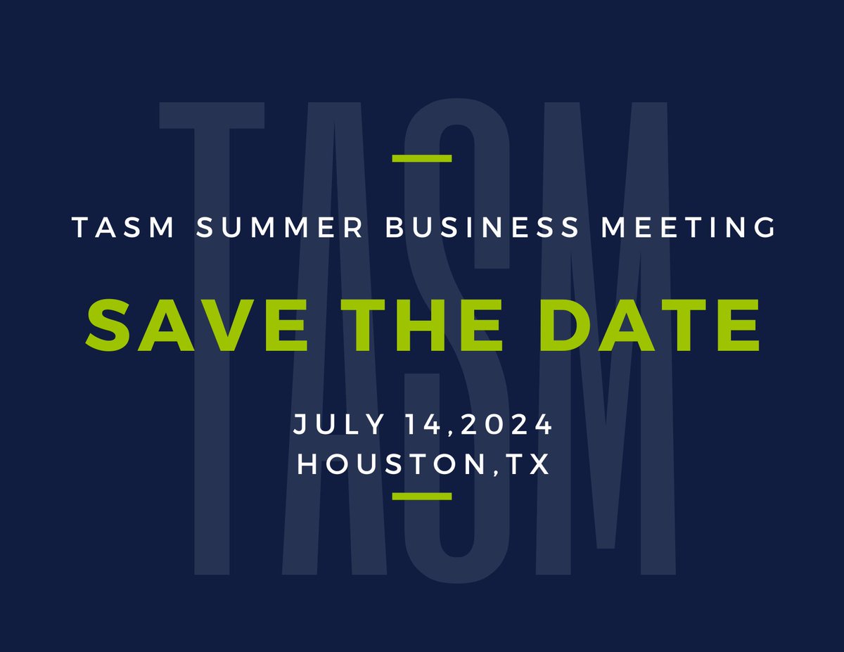 SAVE THE DATE!!

TASM Summer Business meeting will be on July 14, 2024 in Houston, TX.  Registration opening soon. #TASMTalk #CAMTOnline #MathLeaders