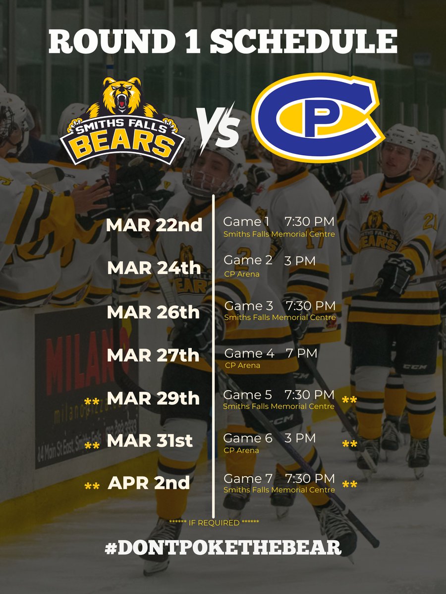 The Playoffs are here! 

The Bears are set to kickoff their quest for the Bogart Cup this Friday in the Bears Den! 

Join us and support your hometown Bears! 

#dontpokethebear