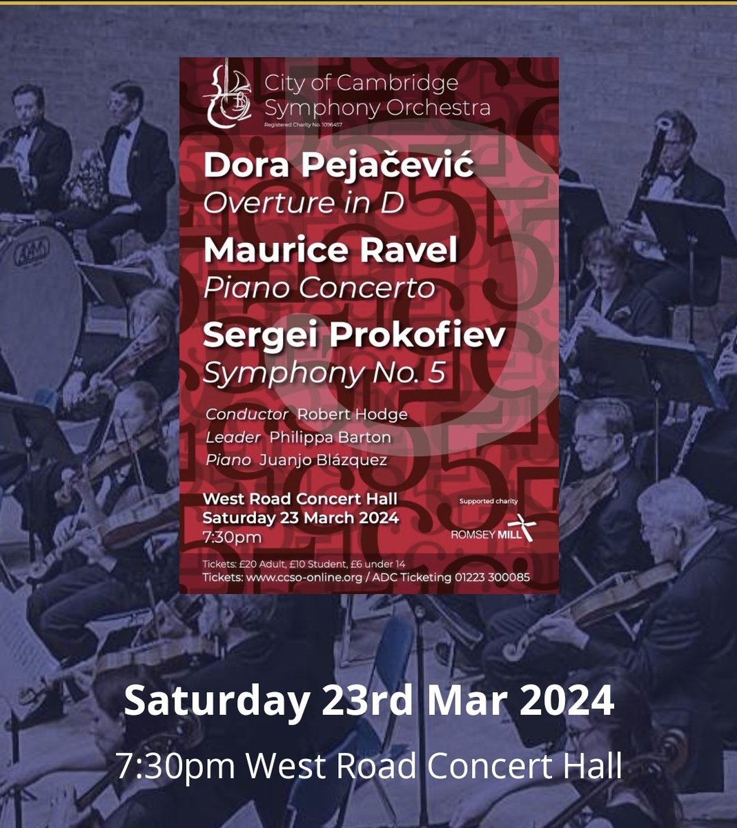 Come &amp; see us on Sat 23 March, 19:30, <a href="/WestRoadCH/">West Road Concert Hall</a> with amazing pianist Juanjo Blázquez!.

🎼 Dora Pejačević - Overture in D
🎵 Maurice Ravel - Piano Concerto
🎶 Sergei Prokofiev - Symphony No 5

Tickets: adcticketing.com/whats-on/conce…

<a href="/philippajbarton/">Philippa Barton</a> <a href="/R__Hodge/">Robert Hodge</a>