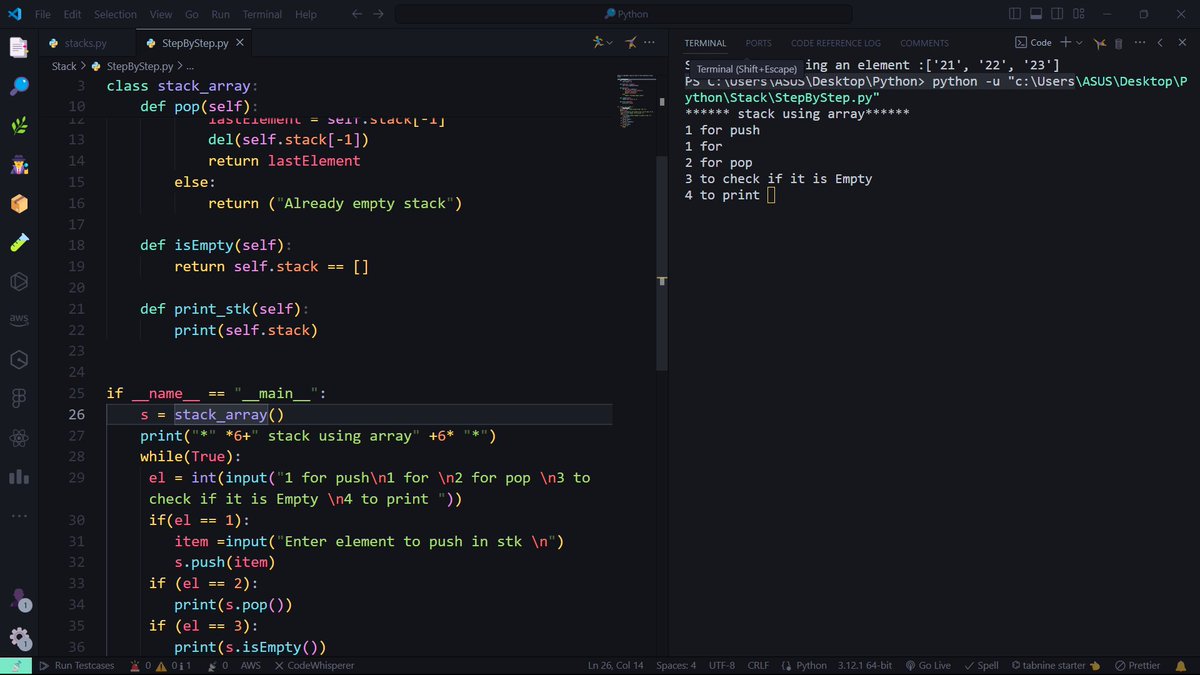 #100DaysOfCode 
#Day32

DSA 

1. Basics of Stacks
2. Step by step implementation of stacks 

#100daysofcodechallenge #Python #pythonprogramming #CONNECT
