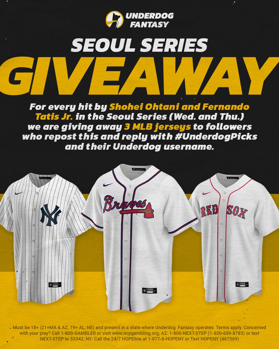 For every Shohei Ohtani and Fernando Tatis Jr. hit in the Seoul Series, three people that repost this and reply with #UnderdogPicks and their Underdog username will win an MLB Jersey of their choosing 🤝