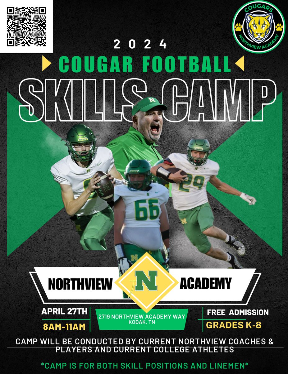 Join us for 2024 Cougar Skills Camp. The camp is for both lineman and skill positions. Come learn from our staff as well as current college and NFL athletes. Use the QR code to register for the camp.
