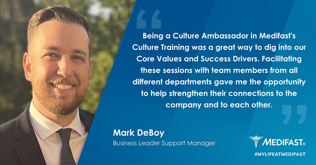 MedifastCareers's tweet image. Meet Mark DeBoy, Business Leader Support Manager! He shares about his experience being a Culture Ambassador in Medifast's Culture Training. Interested in learning more about our open positions? Check out our careers site: bit.ly/3TFTxMQ #optavia #MyLifeAtMedifast
