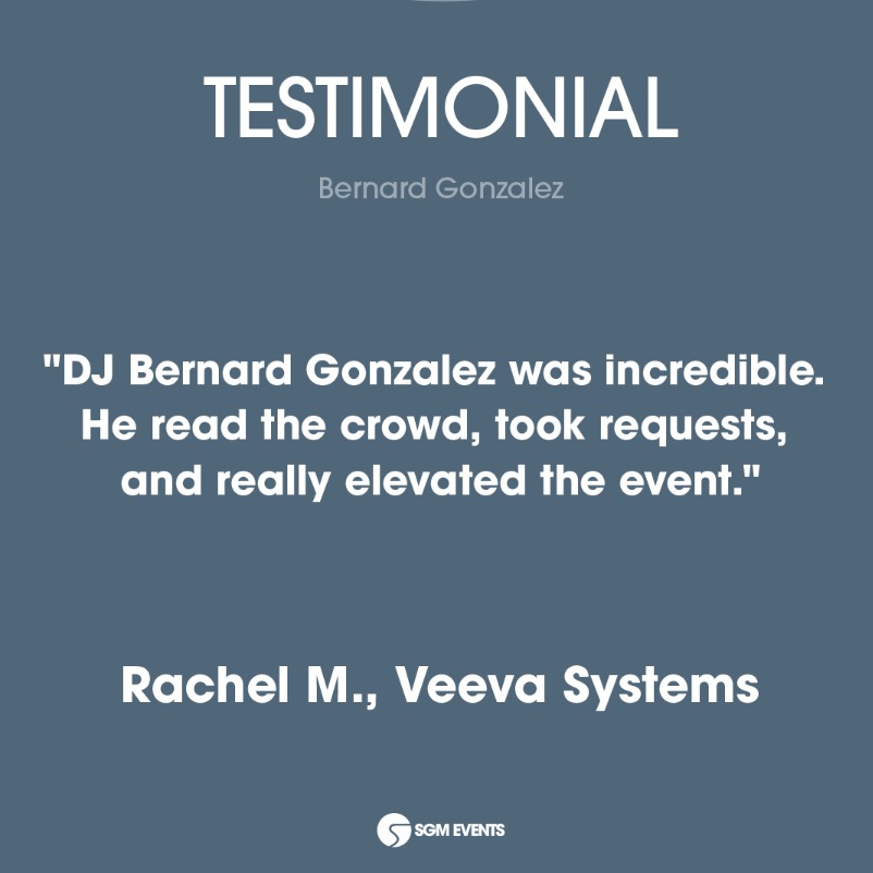 'DJ Bernard Gonzalez was incredible. He read the crowd, took requests, and really elevated the event.' Rachel M., Veeva Systems Music makes the moment, hire a DJ now! Contact us ➡️ sgmevents.com/contact/ #SGMEvents #BernardGonzalez #clienttestimonials #corporateeventdj