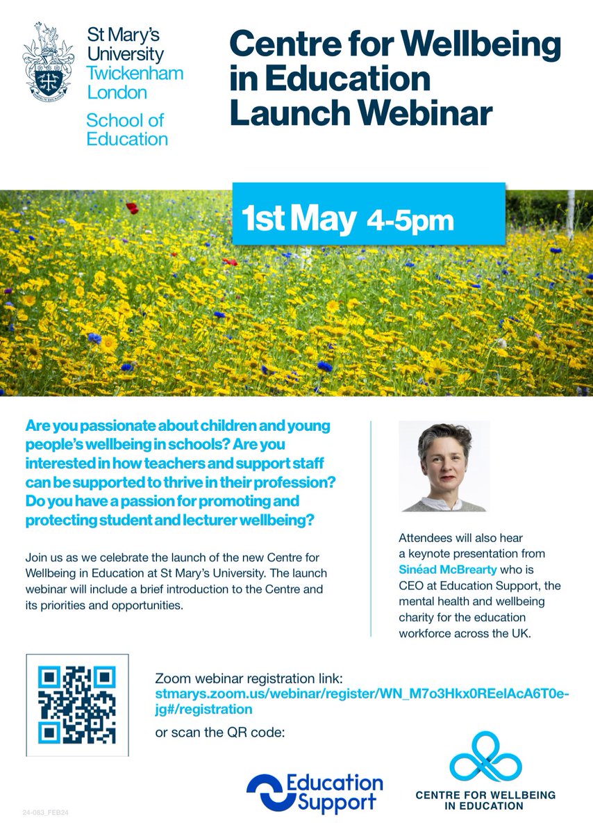 Please register to join us for our Centre for Wellbeing in Education Launch Webinar on 1st May at 4pm. We look forward to sharing plans for the CWE and hearing from Sinéad McBrearty, CEO @EdSupportUK All welcome! stmarys.zoom.us/webinar/regist…