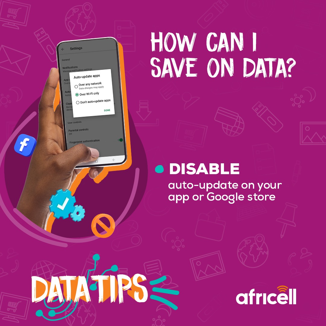 AfricellGM's tweet photo. Save data like a pro! Disable auto-updates on your app or Google Store settings. 💾✋

#DataSavings
#AfricellGm
#AfricellCares https://t.co/f1si5jvg87