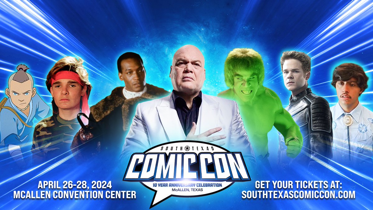 It's year 10, and we have more guest announcements coming your way soon!🌟

#stxcc #stxcomiccon #comiccon #mcallen #rgv #thehulk #candyman #marvel #daredevil #kingpin #xmen
