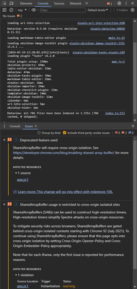 JohnnyMa9ic's tweet photo. @kepano @obsdmd i figured out how to get into developer console (i have only been using Obsidian for about a week) and this is what I see.  I cant seem to be able to disable community  plugins, as soon as I reactivate, the whole program freezes. https://t.co/lVxRVZIW2O