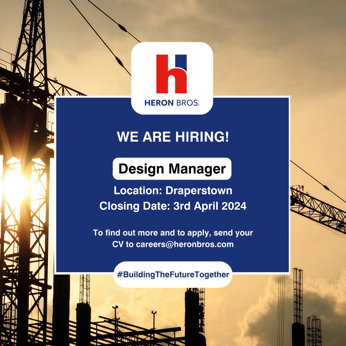 We're Hiring! 👇 Do you know anyone suitable for our Design Manager role? To find out more and to apply, send your CV to careers@heronbros.com. DEADLINE: 3rd April 2024 #wearehiring #constructionni #hiringnorthernireland