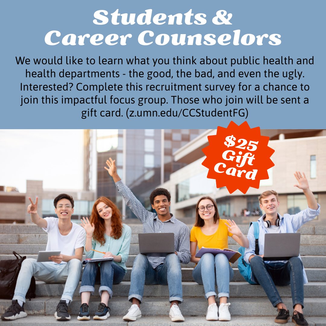 Students and career counselors, tell us what you think about public health and health departments as part of a focus group and we’ll give you a $25 git card. Interested? Click the link below and complete this recruitment survey.
z.umn.edu/CCStudentFG

<a href="/NACCHOalerts/">NACCHO</a>