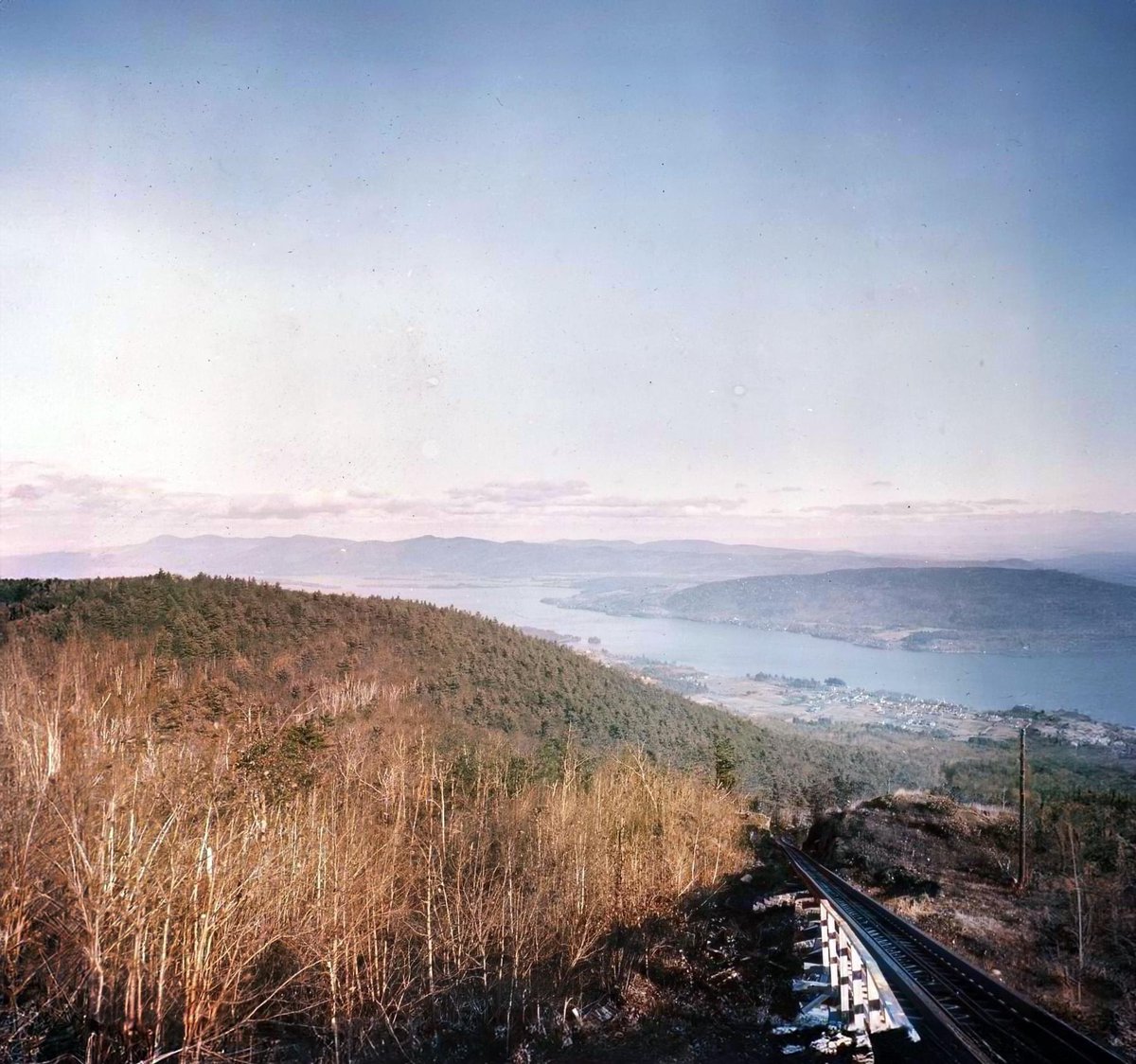#LakeGeorge // 1910
Restored and colorized. The detail in this image is incredible for being 113 years old.

View north from Prospect Mountain overlooking the cable railroad track that once served the Prospect Mountain Hotel. From this vantage point, one can observe the panorama