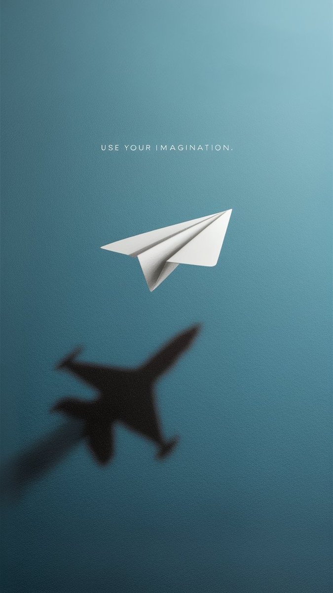 Use your imagination! Prompt: minimalist illustration of a white basic paper airplane floating above a perfectly flat blue uniform background, it cast only the blurred shadow silhouette of a fighter jet on the background right underneath. The text at the top of the image reads:…