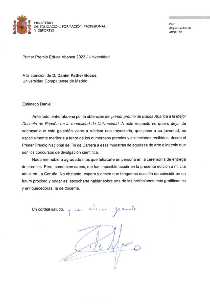 Gracias <a href="/Pilar_Alegria/">Pilar Alegría</a> por esta carta que guardaré con mucho cariño. Es vital que la política escuche activamente a los docentes que estamos a pie de cañón en las clases. 
Ojalá llegue ese día en el que podamos conversar sobre la profesión más importante de nuestro país 😊
