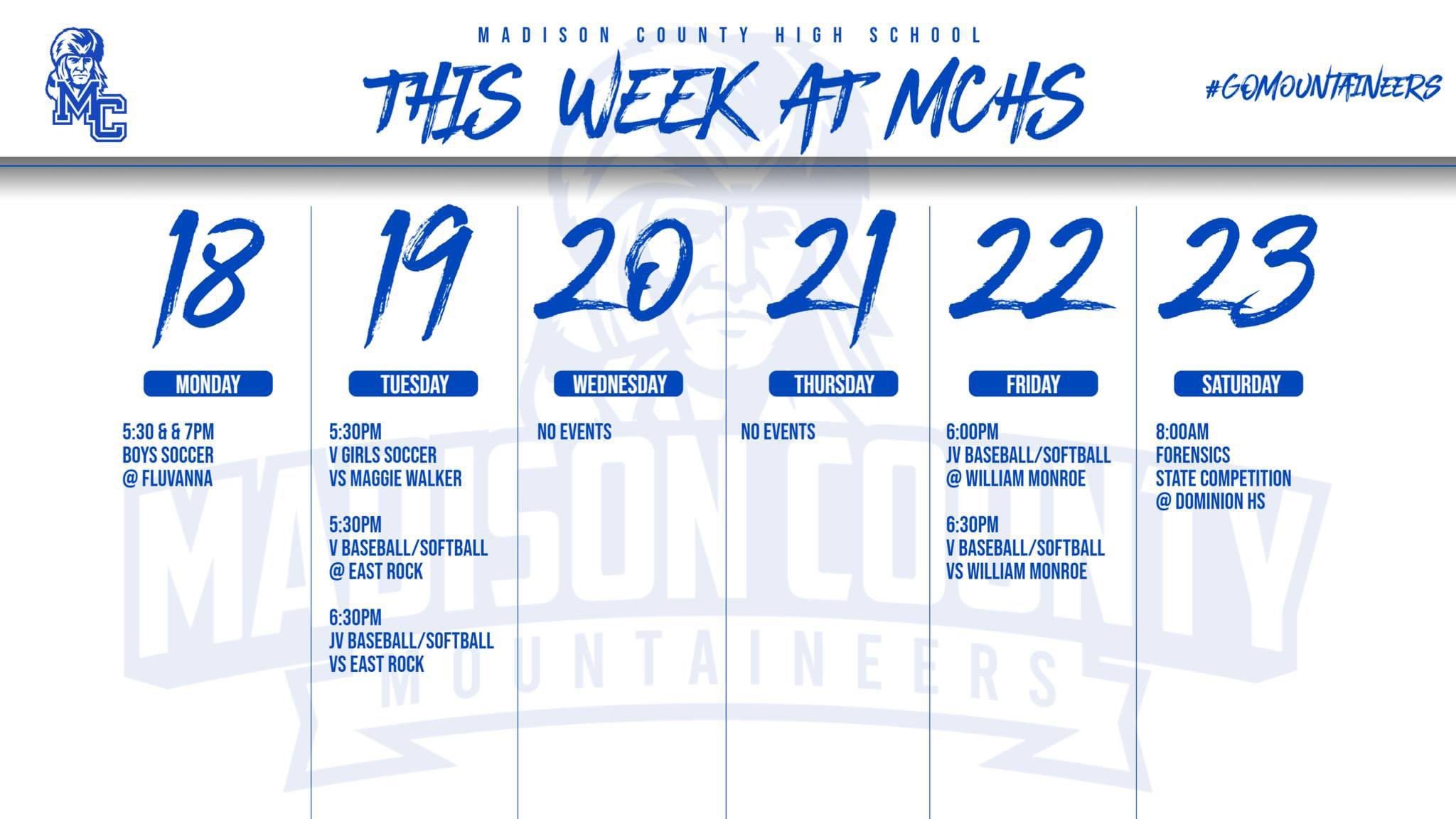 MCHS Athletics on X: "MCHS Athletics & Activities calendar for the week of  March 18th. https://t.co/EUCLW3tuSs" / X