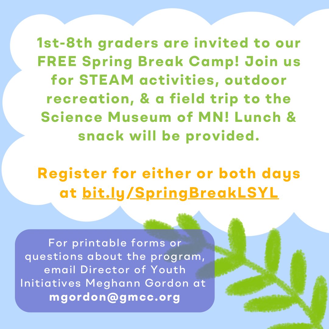 GMCC_mn's tweet image. Announcing GMCC’s very first LakeStreet Youth Labs Spring Break Camp! This FREE program will be held at GMCC on April 2nd &amp;amp; 3rd from 9 AM-4 PM. To register for one or both days, visit bit.ly/SpringBreakLSYL or scan the QR code.