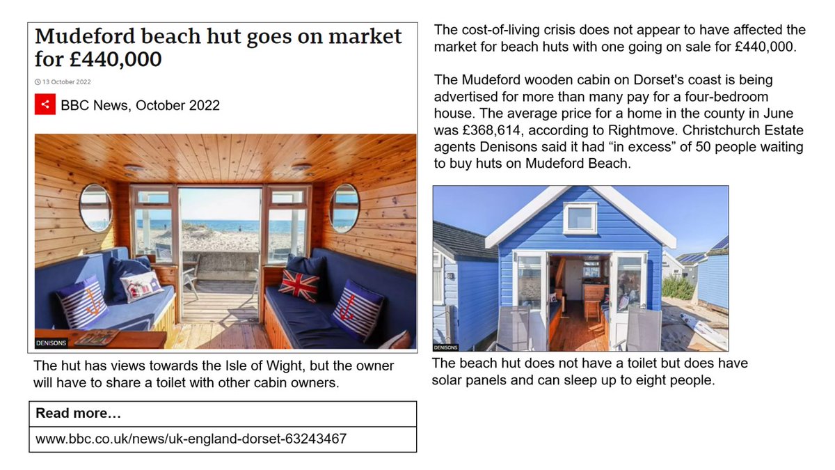 Environmental Quality Survey: simple and effective fieldwork. Use 8 pairs of contrasting words then present score out of 80 on a radar graph. Example here based on fieldwork explaining why Mudeford Spit beach huts sell for over £400K. File link above. #geography #geographyteacher