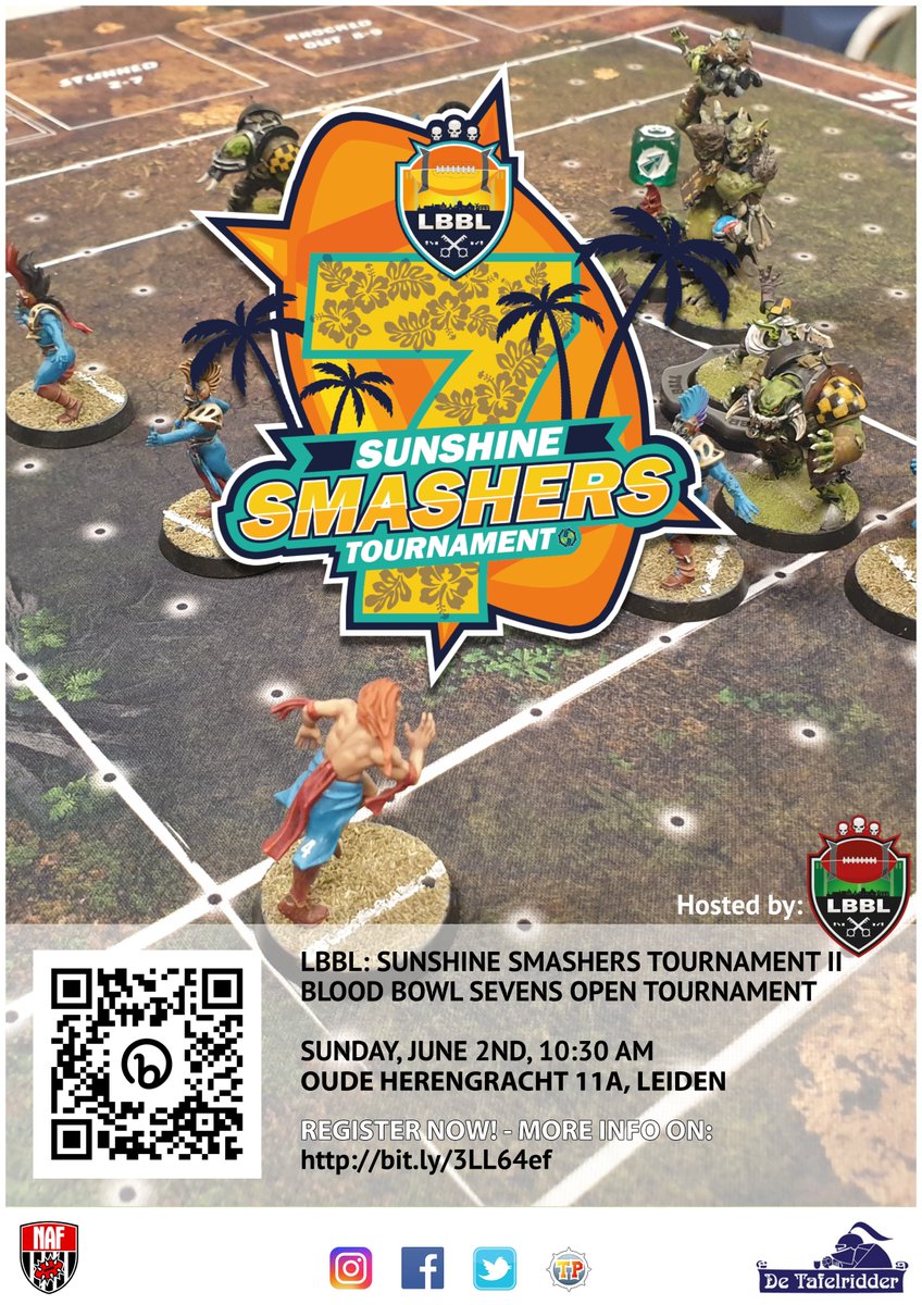 *Announcement*

Tickets for the LBBL Sunshines Smashers Tournament are available now!

Get them at:
tafelridder.nl/blood-bowl-sun…

Join this great tournament and register now!

For more information:
tourplay.net/en/blood-bowl/…

sites.google.com/view/leidenblo…

#bloodbowl #bloodbowlsevens