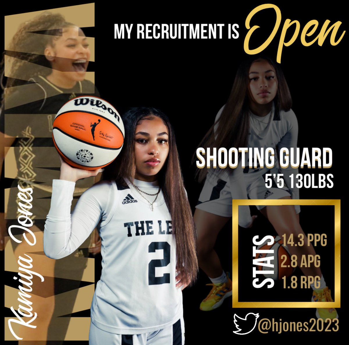 HJones2023's tweet photo. After taking a gap year
due to Medical Issues, I’m back and ready to play the game that I love! 

My recruitment is OPEN.

#wbb #basketball https://t.co/jG8Nl33AIc