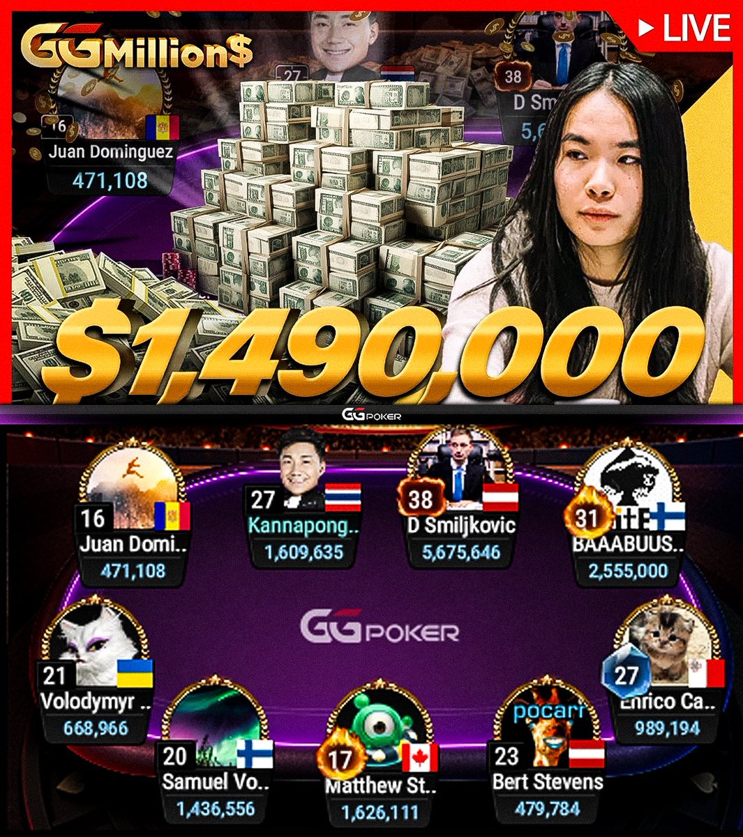 Giving away $50 <a href="/GGPoker/">GGPoker</a>  ticket; Follow, Like, RT &amp; tag a friend to enter! 

$1,490,000 Super High Roller FINAL TABLE w/ <a href="/helloitslynne/">lynne</a> , LIVE NOW! Watch on ggpoker.tv
